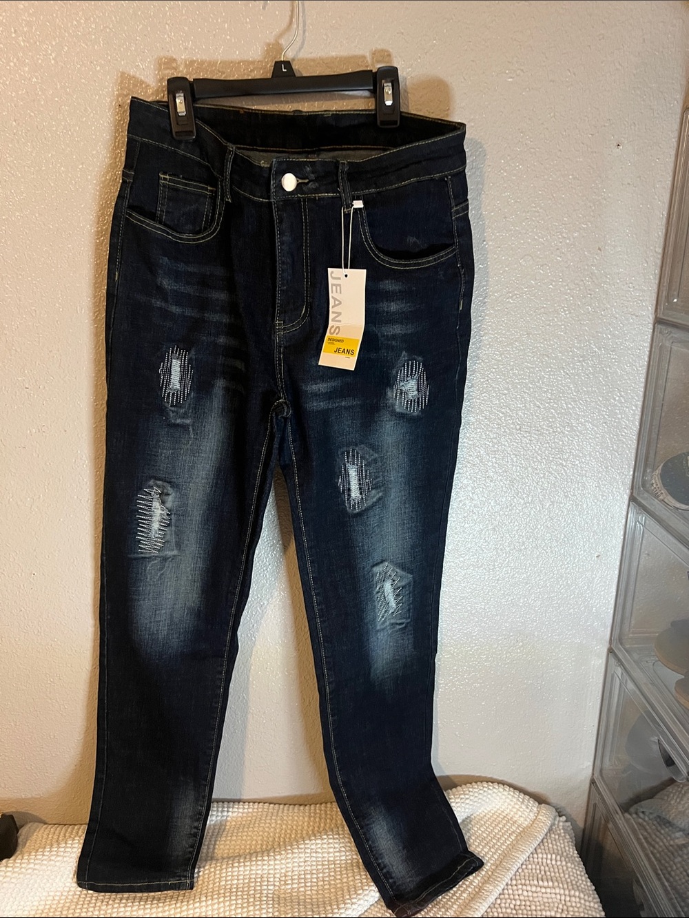 Slim Fit Dark Blue Distressed Skinny Jeans - Men's